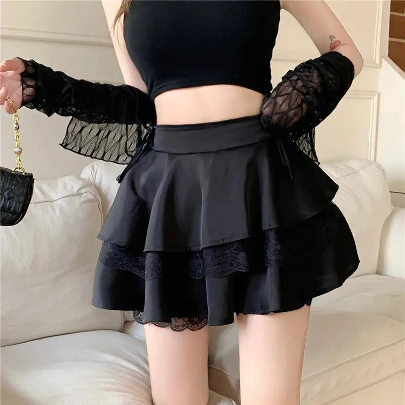 Solid Women High Waist Lace Patchwork Match Ruffles Skirt