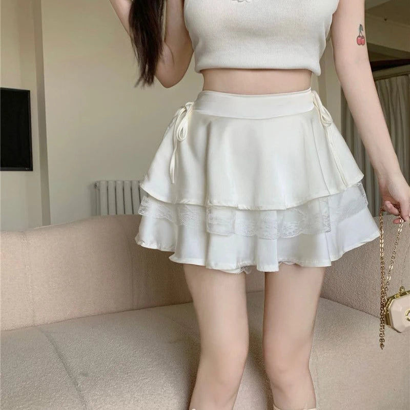 Solid Women High Waist Lace Patchwork Match Ruffles Skirt