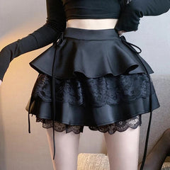 Solid Women High Waist Lace Patchwork Match Ruffles Skirt