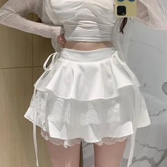 Solid Women High Waist Lace Patchwork Match Ruffles Skirt